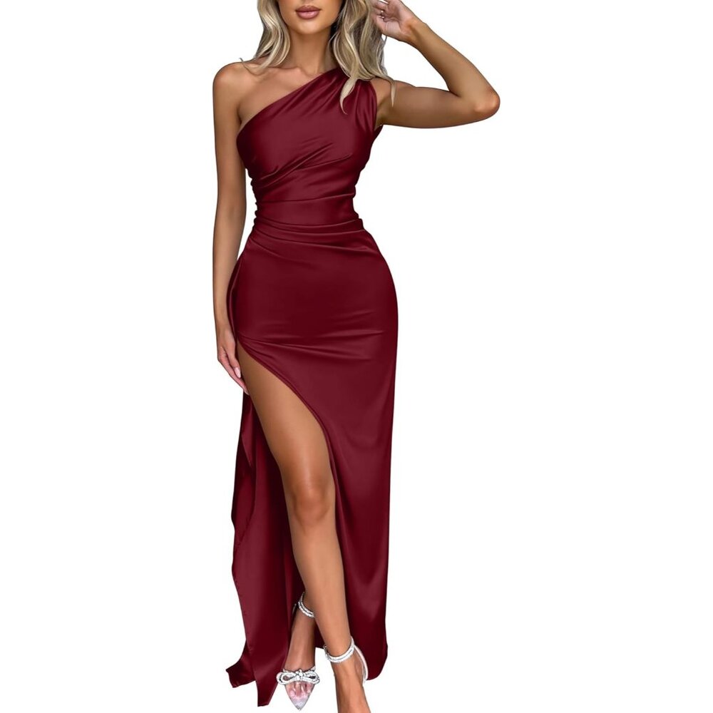 Women Red Sexy One Shoulder Satin High Split Cocktail Wedding Party Maxi Dress